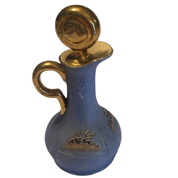 Vintage Hinode Made in Japan Cruets Oil Vinegar Blue Gold Tray Hand Painted - Picture 6 of 15